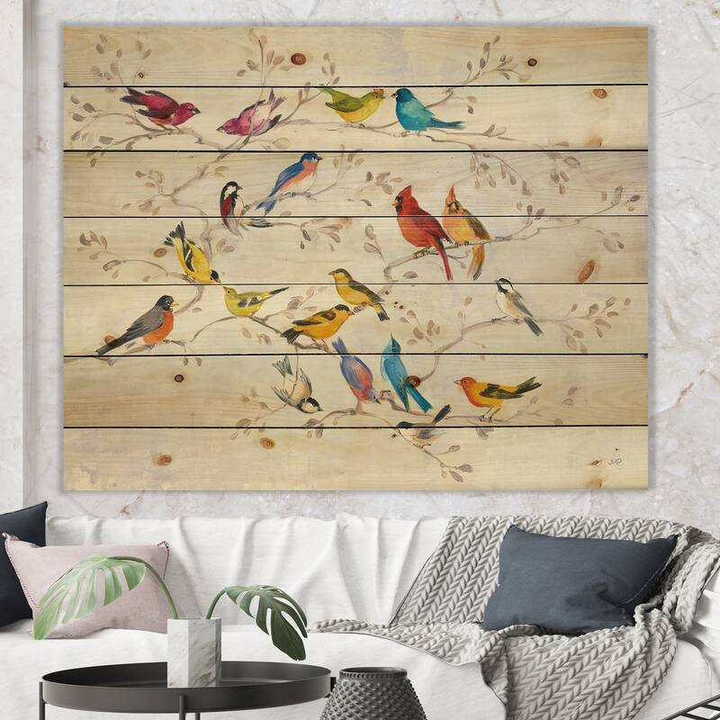 Designart 'Multi-Color Bird on Tree' Modern Farmhouse Print on Natural Pine Wood - Multi-color