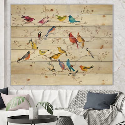 Designart 'Multi-Color Bird on Tree' Modern Farmhouse Print on Natural Pine Wood - Multi-color