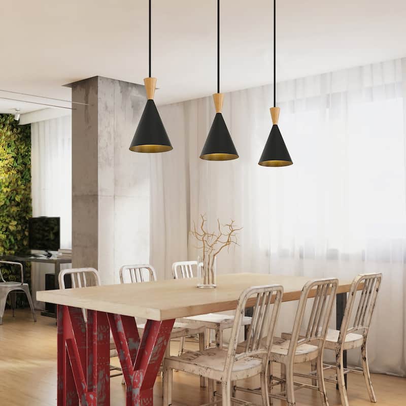 Modern Black/White Pendant Light Fixture with Plug in Cord Wood Metal, Adjustable Chandelier Hanging Lamps for Bedroom