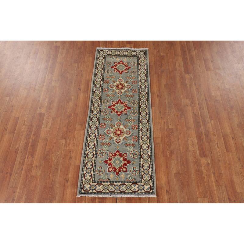 Geometric Kazak Oriental Runner Rug Hand-Knotted Wool Carpet - 2'1" x 5'9"