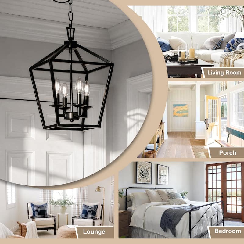 4 Light Matte Black Lantern Pendant - 12"x12"x18"