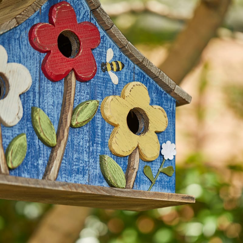 Glitzhome 10.5"H Distressed Solid Wood Birdhouse with 3D Flowers - 10.5"