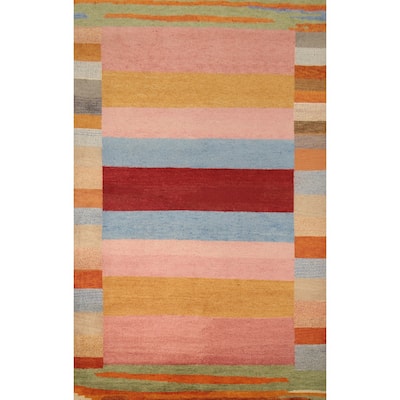 Hand Knotted Oriental 100% Wool Carpet Modern Stripe Multi-Colored Gabbeh Area Rug - 9' 7'' X 6' 5''