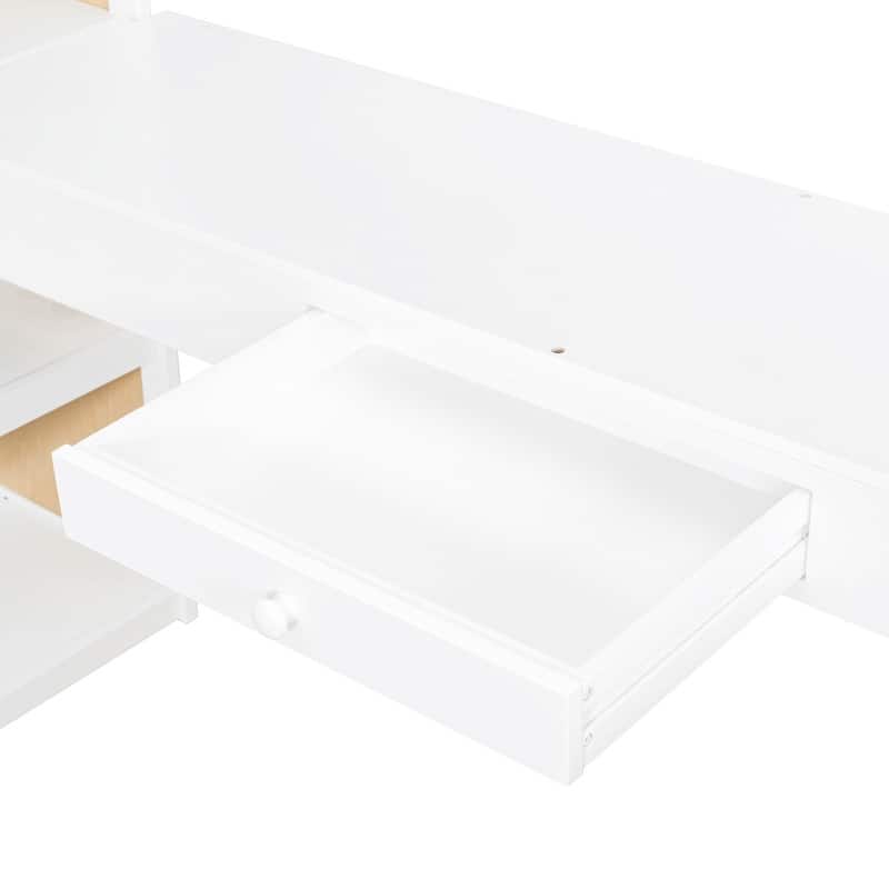 Twin Size Loft Bed with Ladder, Shelves, and Desk, White