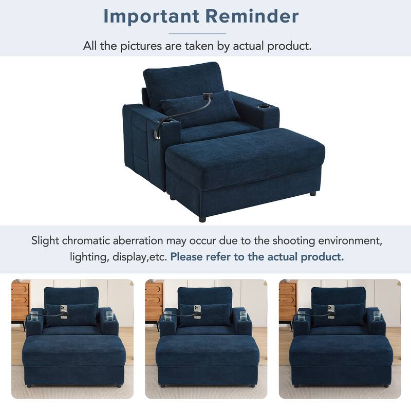 Armchair 42.5" Chaise Lounge Sofa Couch With A Movable Storage Ottoman,Two Usb Ports,Two Cup Holders