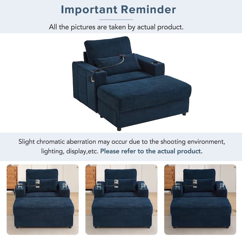 Modern Style Armchair with a Movable Storage Ottoman, Two USB Ports, Two Cup Holders, a Phone Holder and Side Pockets