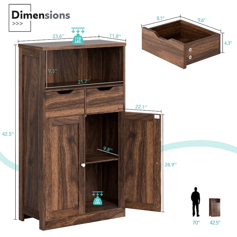 Futzca Bathroom Storage Cabinet, Freestanding Pantry Cabinet with 2 Drawers