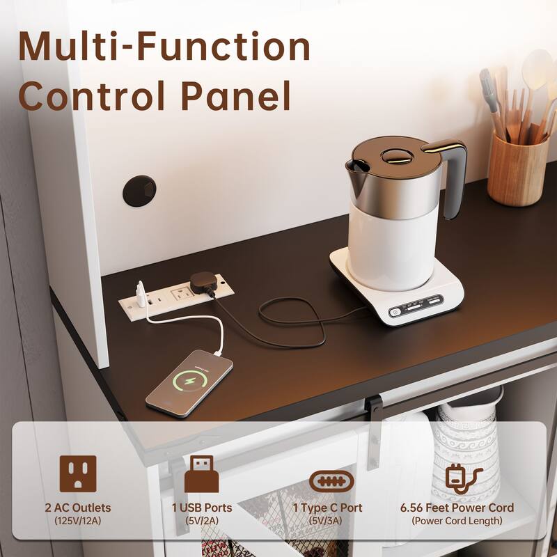 Gymojoy 71" Farmhouse Pantry Cabinet with LED Lights & Charging Station, Tall Kitchen Storage with Adjustable Shelves