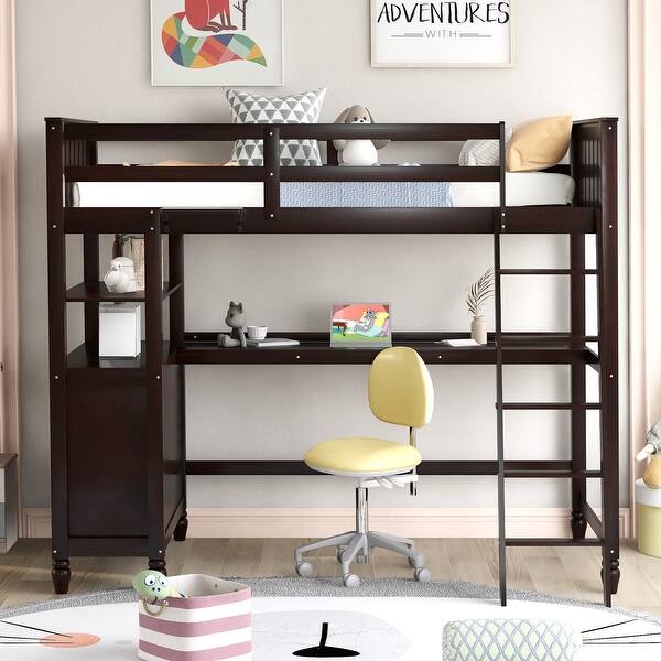 slide 2 of 38, Twin Loft Bed wDesk, Side Cabinet, Drawers, Shelves, Ladder, Guardrail Espresso - Twin