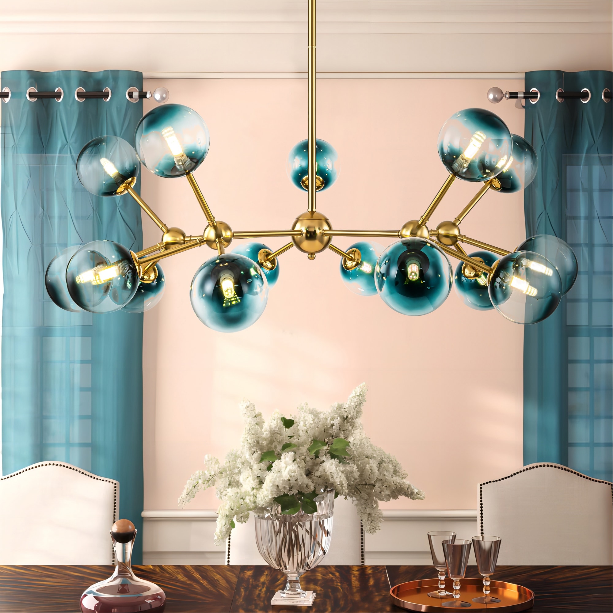 15-Light Modern Large Sputnik Glass Chandelier Cluster Blue Glass Bubble Pendant Light for Dining Room - 40.2 in. W x 13.8 in. H
