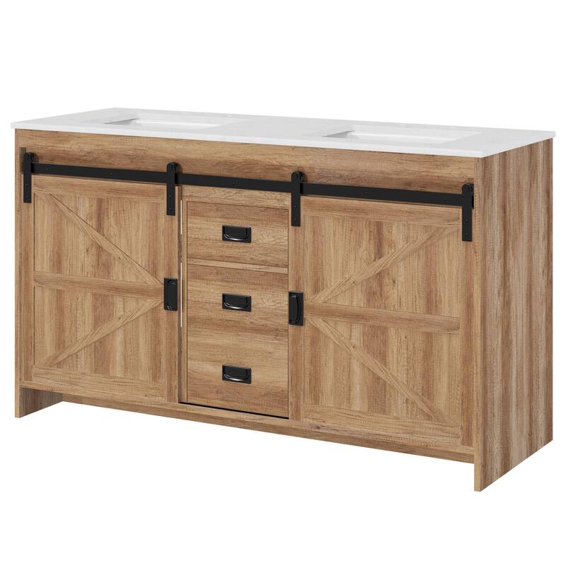 EROMMY Farmhouse Bathroom Vanity with Ceramic Top and Sliding Barn Door Sink Cabinet