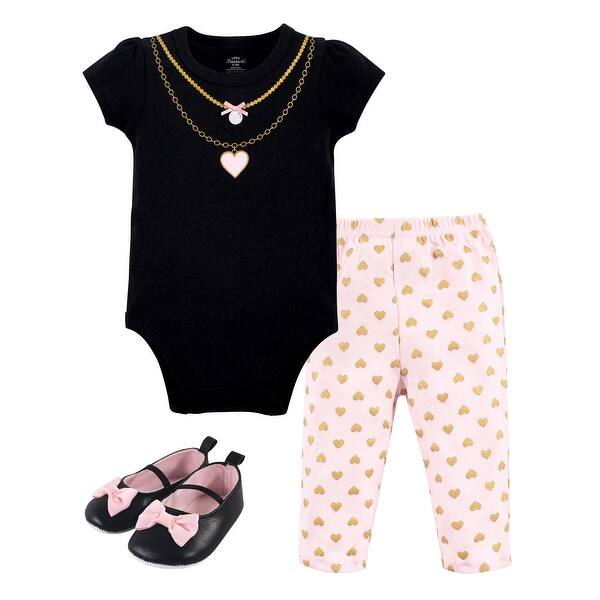 slide 1 of 1, Little Treasure Baby Girl Cotton Bodysuit, Pant and Shoe 3pc Set, Heart Necklace 0-3 Months - Heart Necklace
