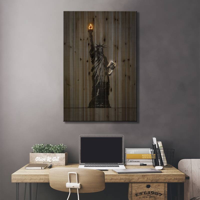 Statue Of Liberty Print On Wood by Octavian Mielu - Multi-Color
