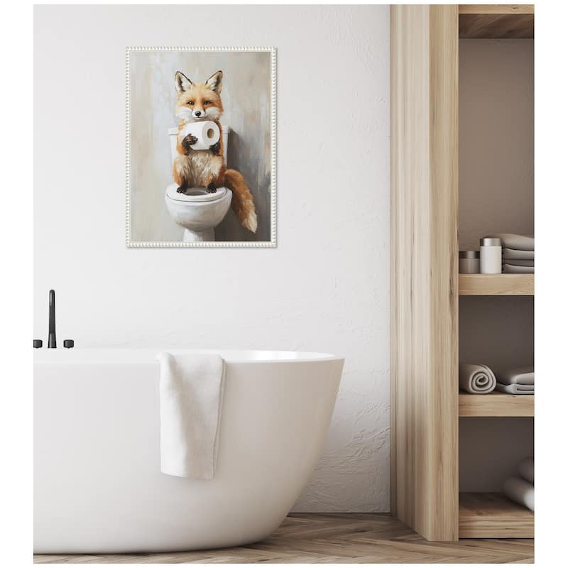 Kate and Laurel Sylvie Cute Fox Toilet Paper Roll Toilet Bathroom Art Framed Canvas by The Creative Bunch Studio