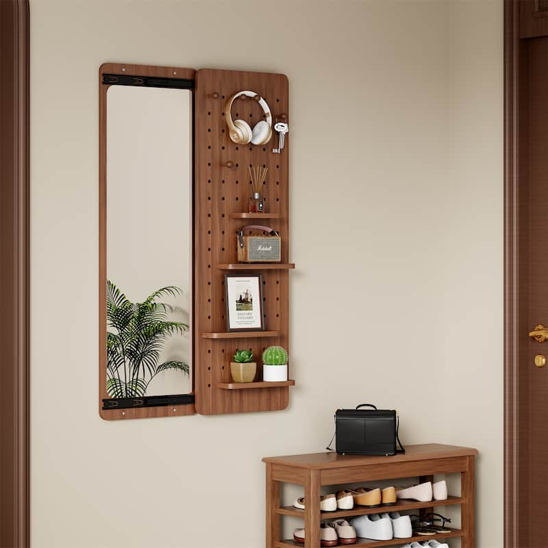Wall Mounted Full Length Mirror with Shelf and Hook, Multifunctional Panel