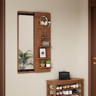Wall Mounted Full Length Mirror with Shelf and Hook, Multifunctional Panel