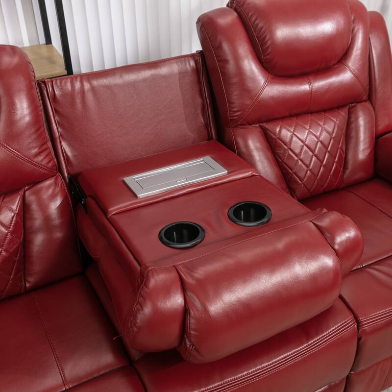 Home Theater Seating Manual Recliner Chair with Center Console and LED Light Strip for Living Room, Black