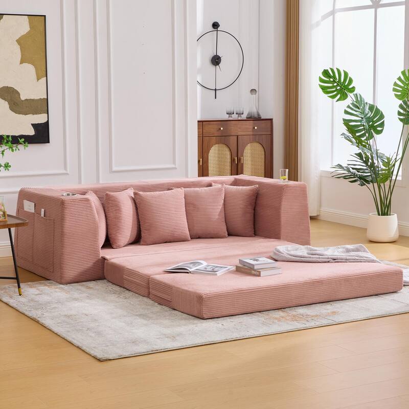 2 in 1 Convertible Sofa Bed, Sleeper Sofa with Storage Pockets, Pull Out Loveseat Couch with Two Cup Holders