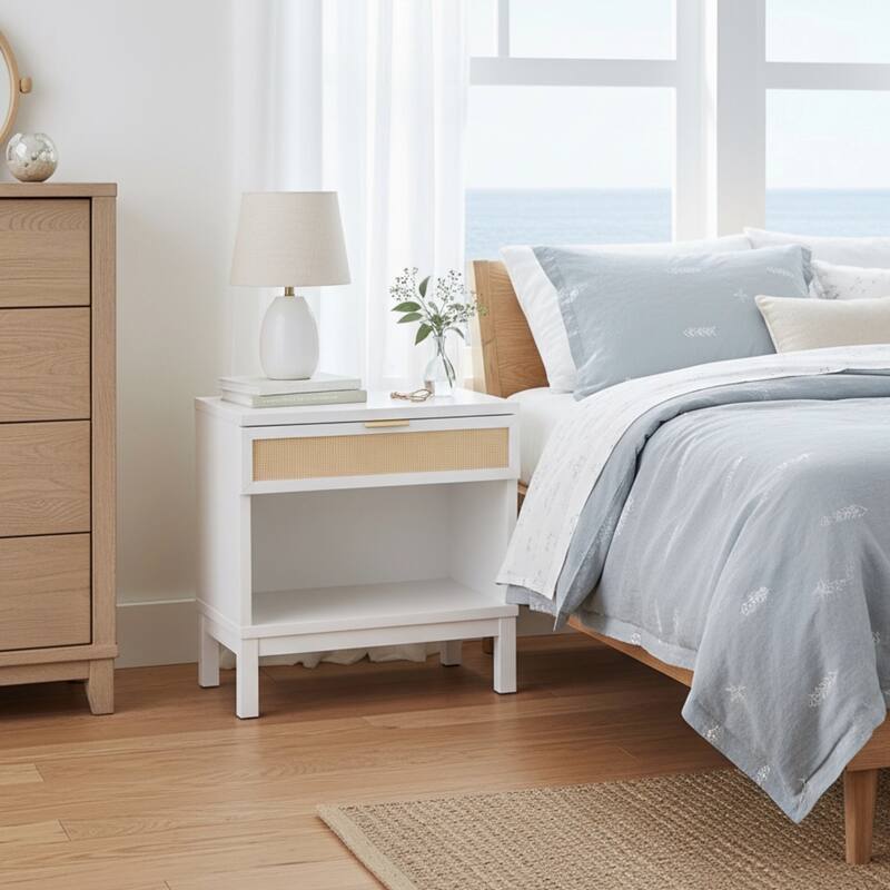 Single Drawer Nightstand with Cane Front and Gold Pull Open Shelf Coastal - White