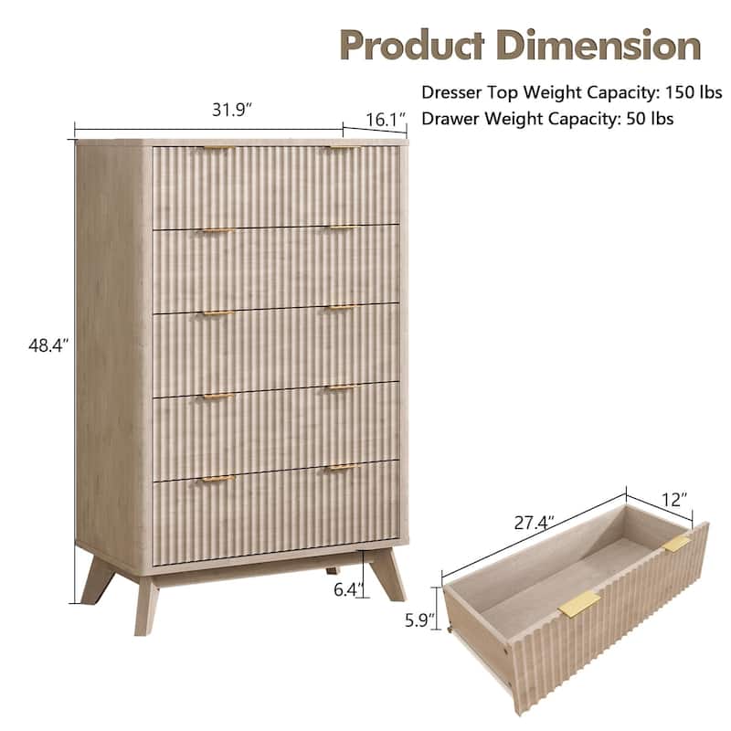 Modern 5 Chest of Drawers, Wood Dresser for Bedroom, Living Room