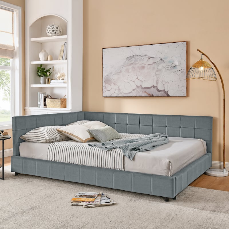 Queen Size Upholstered Tufted Bed Frame with Backrest and Armrests, Velvet Grey, Easy Assembly