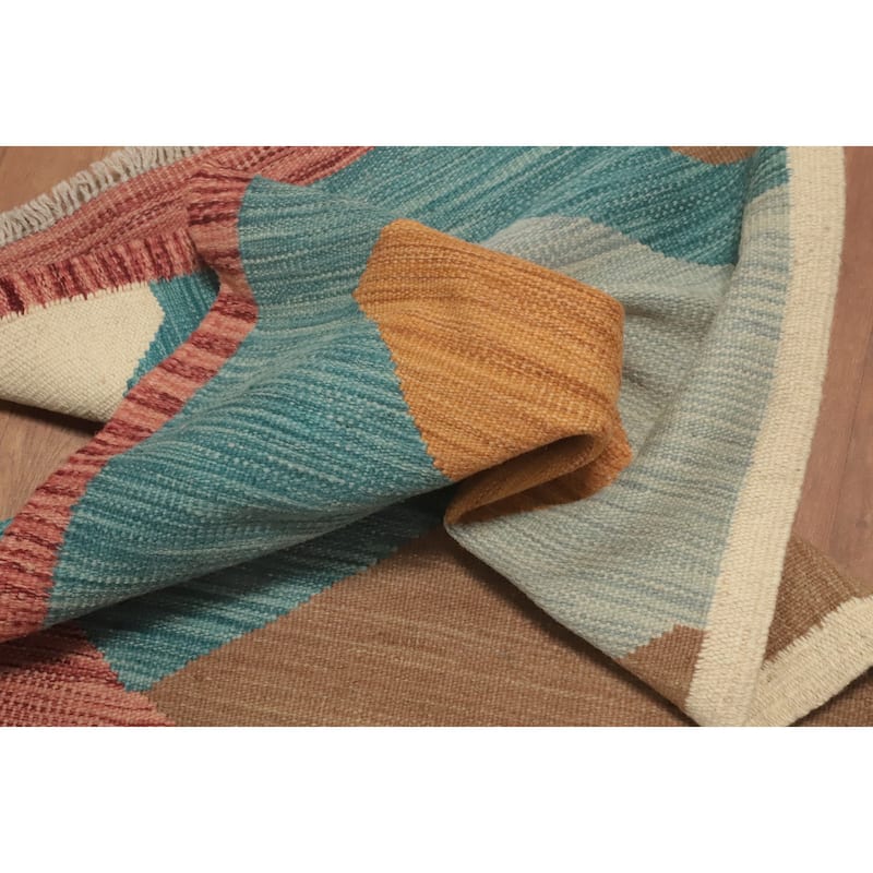Hand Woven Oriental 100% Wool Carpet Southwestern Geometric Multi-Colored Kilim Runner Rug - 8' 2'' X 2' 1''