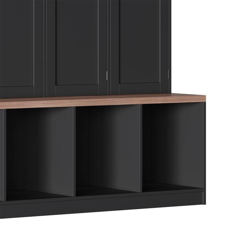 Farmhouse Hall Tree with 4 Hidden Hanging Hooks, Versatile Entryway Bench with 8 Doors, Shoe Cabinet with Open Compartments