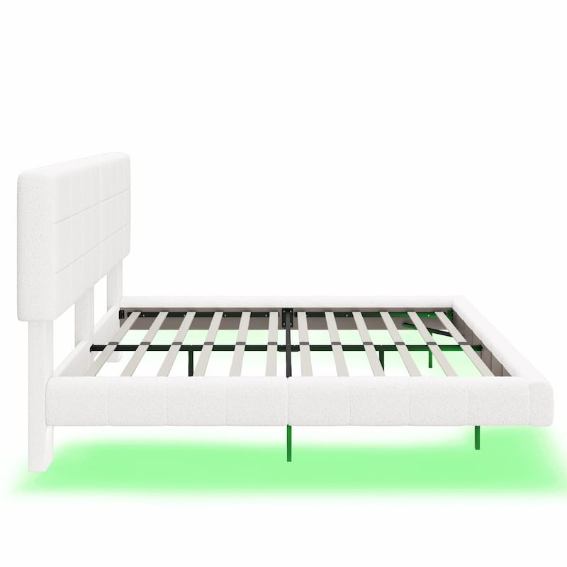 White Bouclé Floating Bed with Ambient Light