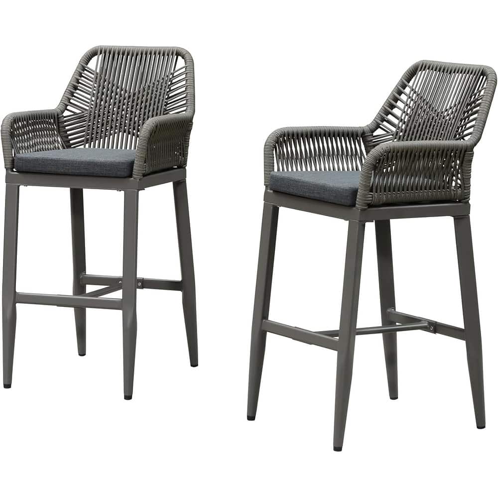 PURPLE LEAF Outdoor Bar Stools Chair Set of 2, All Weather Rattan and Aluminum Patio Bar Stool with Cushion
