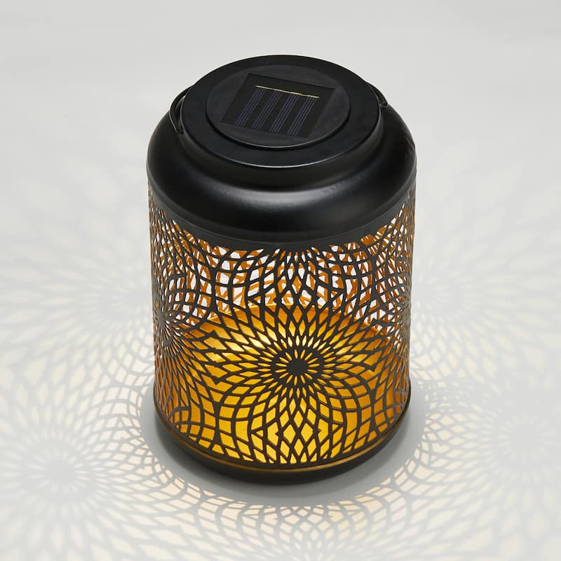 Glitzhome 8.75"H Outdoor Waterproof Metal Solar Hanging Lantern with Flower Leaves Decor