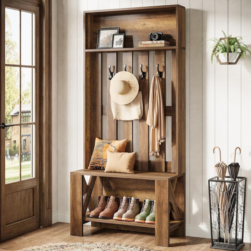 70.8" Tall Hall Tree with Bench and Shoe Storage, Freestanding Coat Rack for Entryway, Hallway