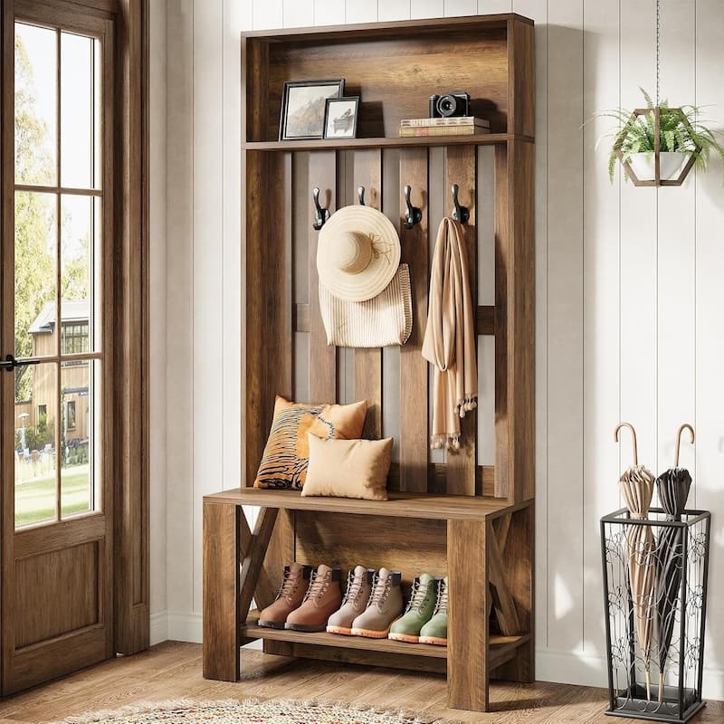 70.8" Tall Hall Tree with Bench and Shoe Storage, Freestanding Coat Rack for Entryway, Hallway - Brown