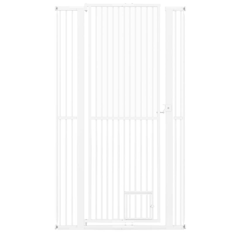 White Galvanized Metal Extra-Tall Adjustable Pet Gate with Safety Lock and Small Door - 67.5"