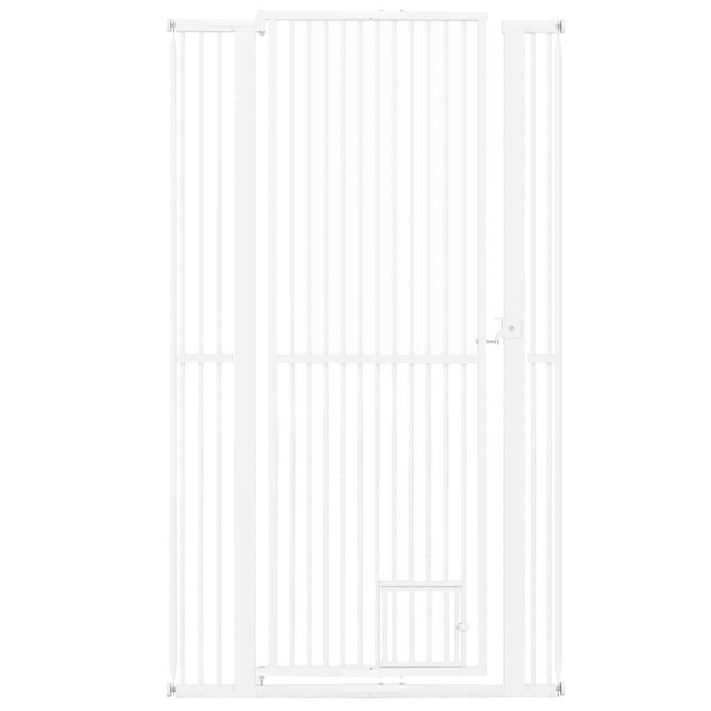 White Galvanized Metal Extra-Tall Adjustable Pet Gate with Safety Lock and Small Door