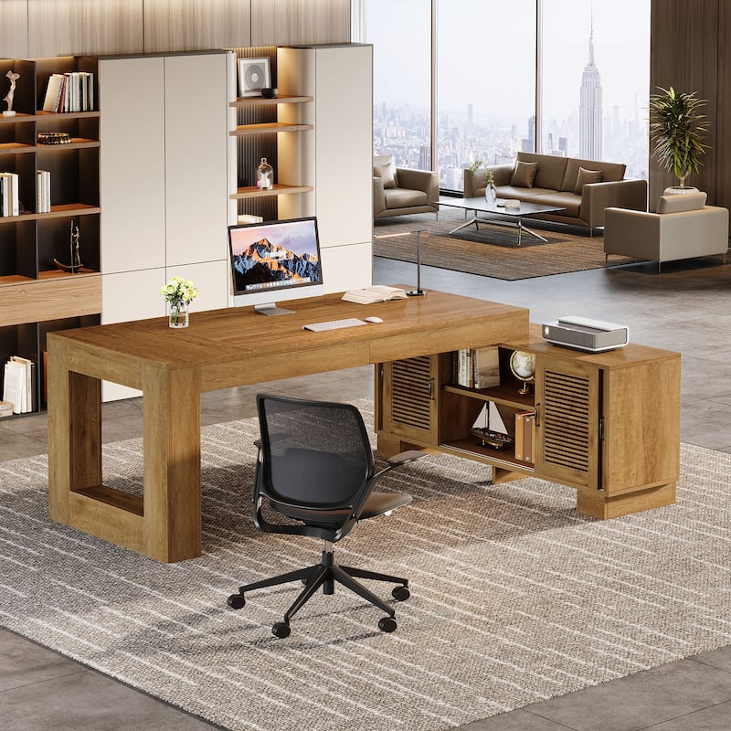 L Shaped Executive Desk with Storage Cabinets and 2-Tier Shelf