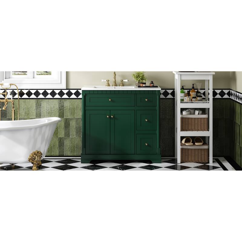 Roomfitters 36 Inch Bathroom Vanity with Sink, Modern Storage Cabinet with Adjustable Shelf and Drawers, Green