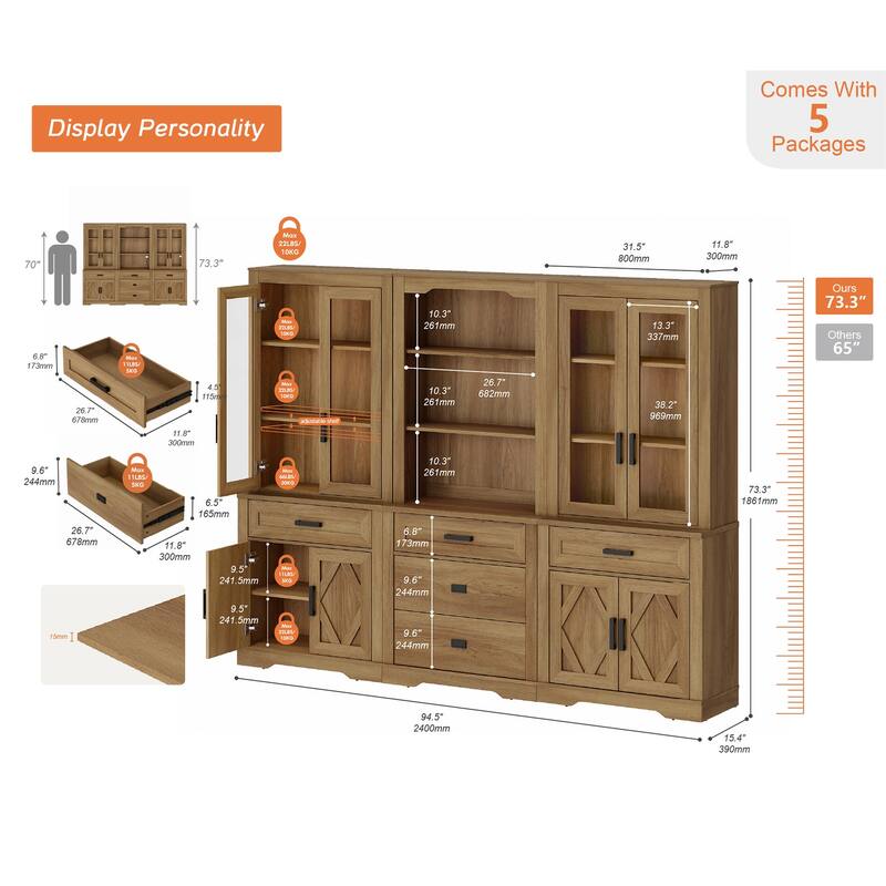 3-Column 73.3" Tall Bookshelf Set with Open Storage and Glass Doors
