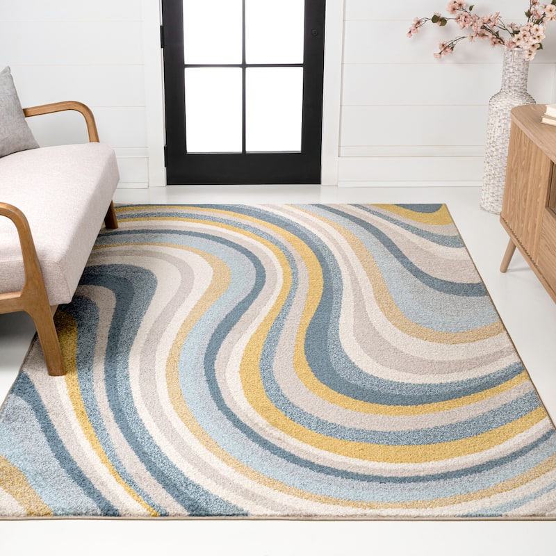 JONATHAN Y Prism Abstract Swirl Area Rug - 2x8 - Blue/Mustard/Gray