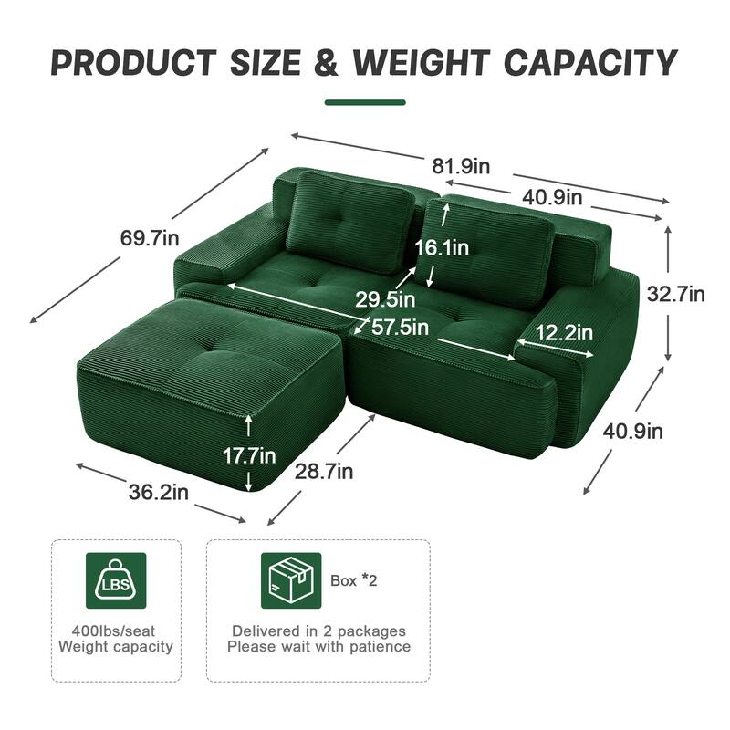 82" Tufted Sectional Sofa with Movable Ottoman, 2-Seater Corduroy Couch for Living Room, Floor Upholstered Leisure Loveseat