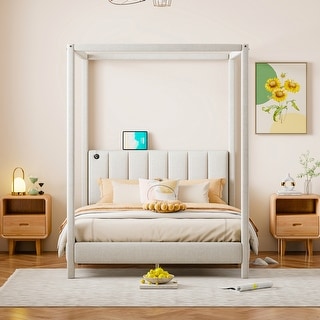 Full Size Canvas Canopy Platform Bed with USB and Type-C Ports, Beige