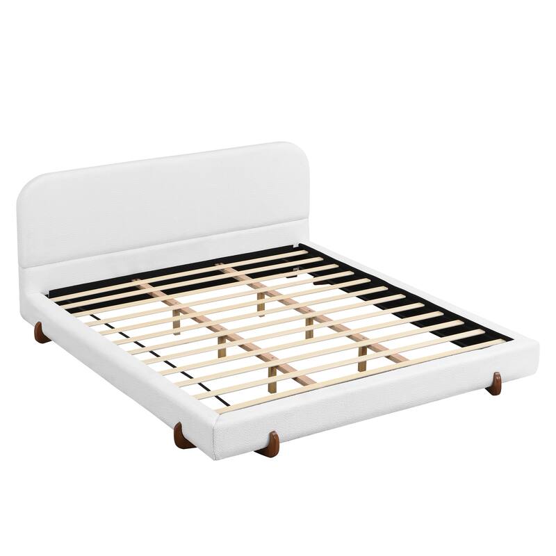 Roomfitters California King Upholstered Bed Frame, White Fabric with Solid Wood Legs, Modern Design