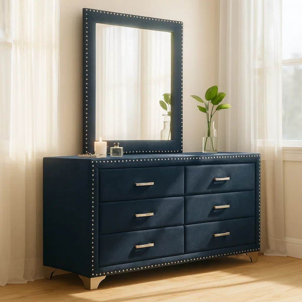 Giya Wide Dresser with Rectangular Rivet Trim Mirror, Navy Blue Velvet