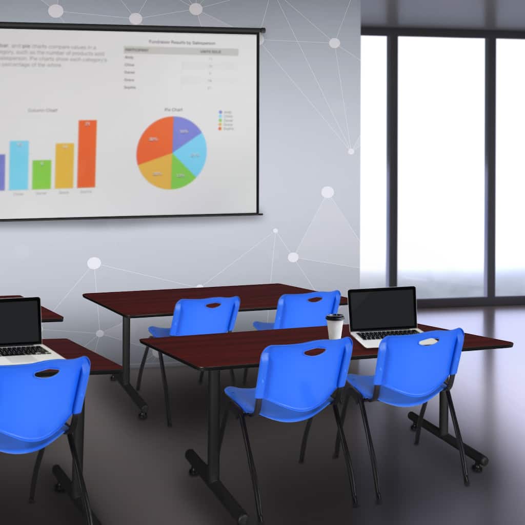 60" x 30" Training Table- Mahogany and 2 "M" Stack Chairs- Blue - 60" x 30"