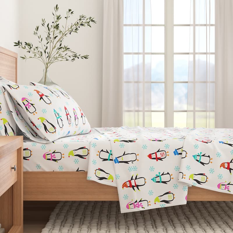 Linery & Co. Ultra-Soft Turkish Cotton Flannel Christmas Print Sheet Set - King - Penguins