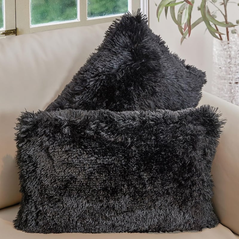 Cheer Collection 12"x20" Shaggy Long-hair Throw Pillows (Set of 2) - Black