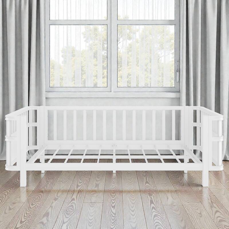 Kids Metal and Wood Platform Bed with Safety Rails, Low Profile Twin Full Children Bed for Boys and Girls