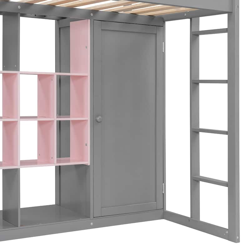 Twin Size Wood Loft Bed with Wardrobe, shelves and Cabinet, White+Yellow