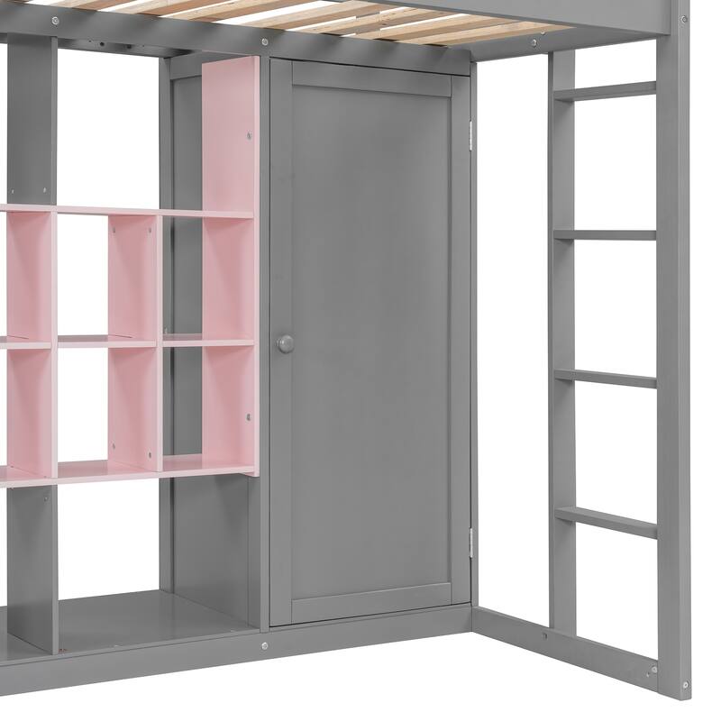 Wooden High Loft Bed with Reversible Ladder, Storage Loftbed Frame with Wardrobe, Shelves and Cabinet, No Box Spring Needed