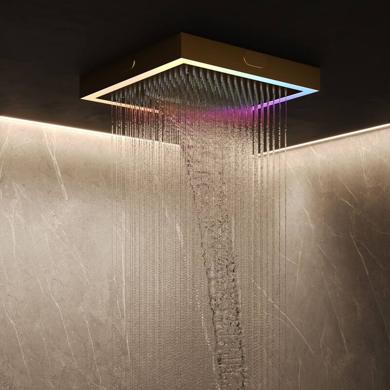 GRANDJOY Thermostatic LED Rain and Waterfall Shower System with Handheld, Built-In Music Function
