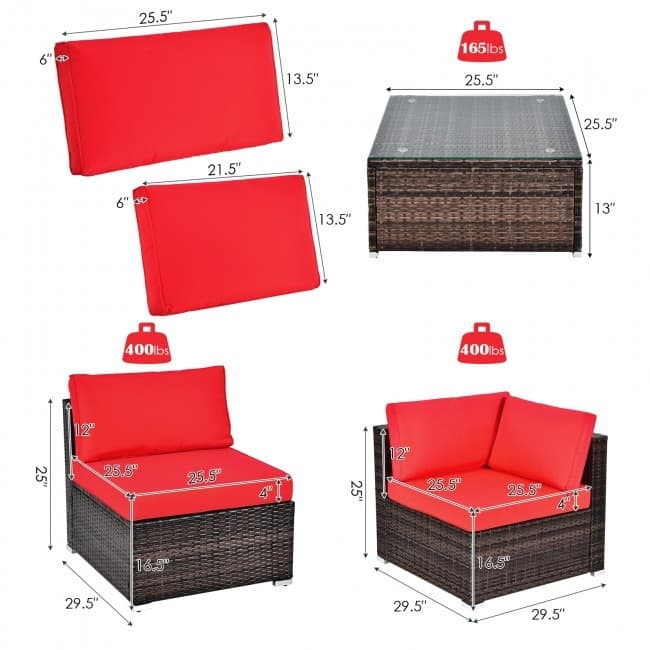 6 Pieces Patio Rattan Furniture Set with Cushions and Glass Coffee Table